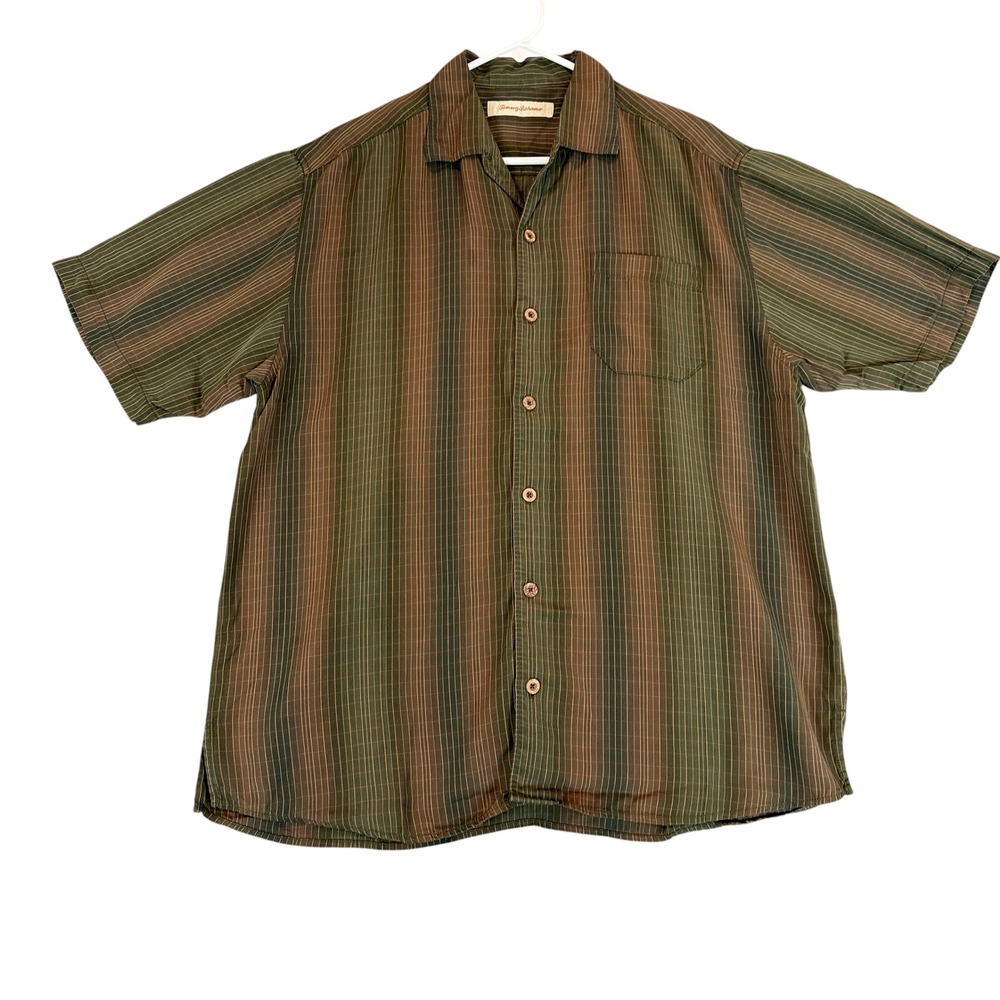 Tommy Bahama Button Down Shirt Mens Large Green Brown Striped Tencel Camp Collar